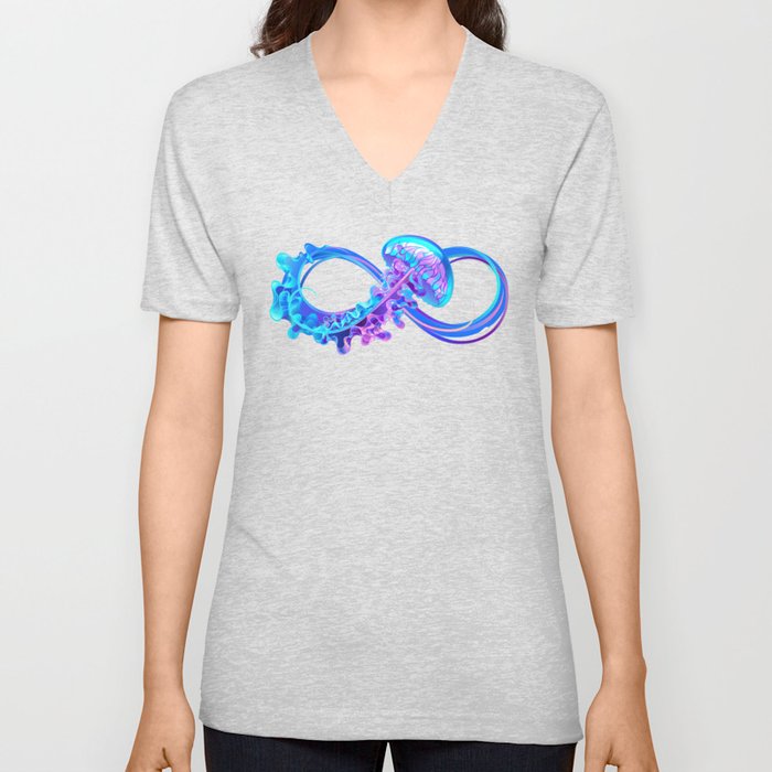 Infinity with Glowing Jellyfish V Neck T Shirt