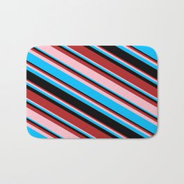 [ Thumbnail: Red, Pink, Deep Sky Blue, and Black Colored Stripes/Lines Pattern Bath Mat ]