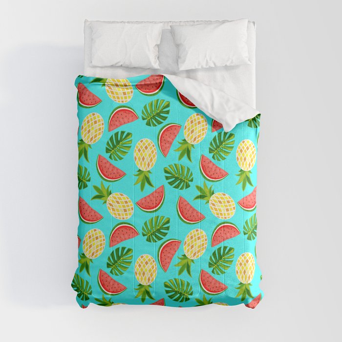 Bright slices of watermelon and pineapple with monstera leaves Comforter