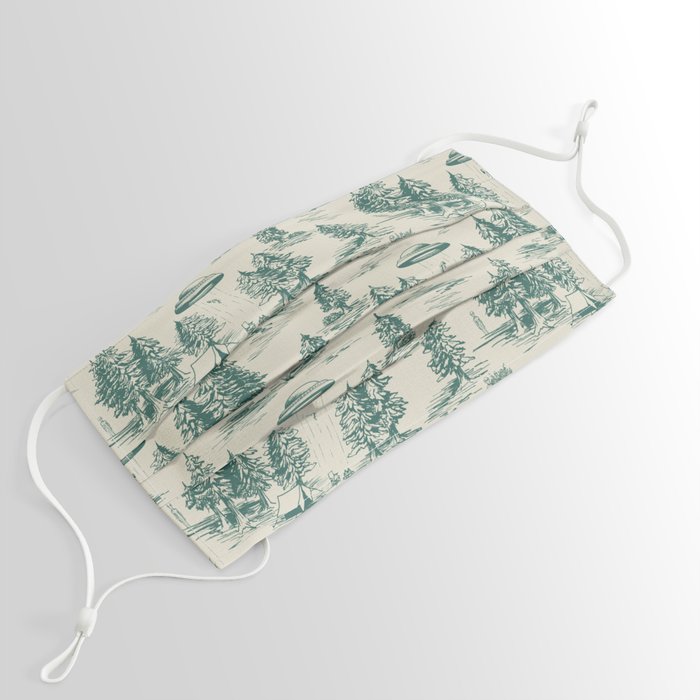 Teal Alien Abduction Toile De Jouy Pattern Face Mask by Beth Norton
