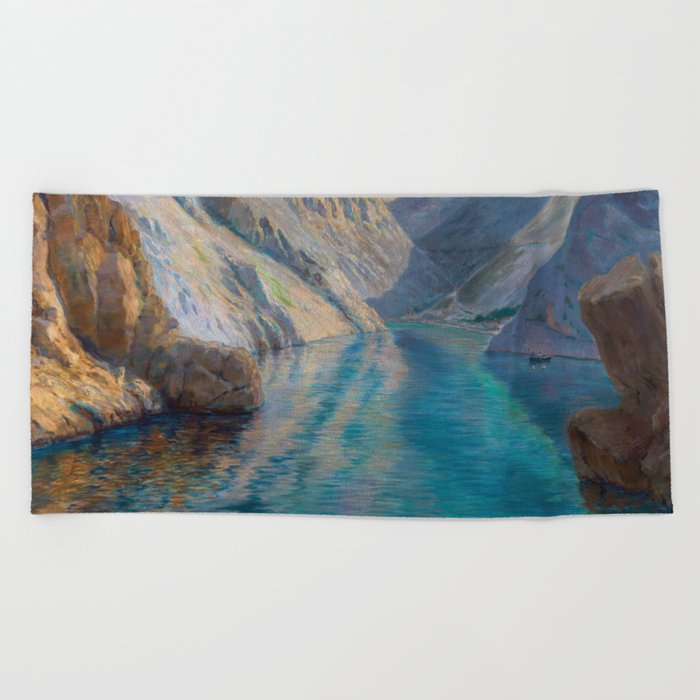 Žrnovnica lake and river, alpine mountain sapphire blue lake landscape painting Menci Clement Crnčić Beach Towel