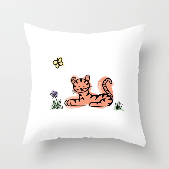 Baby Tiger with Purple Flower Throw Pillow