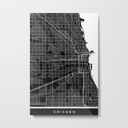 Chicago - Minimalist City Map Metal Print | Illustration, Graphic Design, Digital, Black and White 