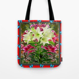 BLUE BUTTERFLIES &  LILY FLOWER  RED ART Tote Bag
