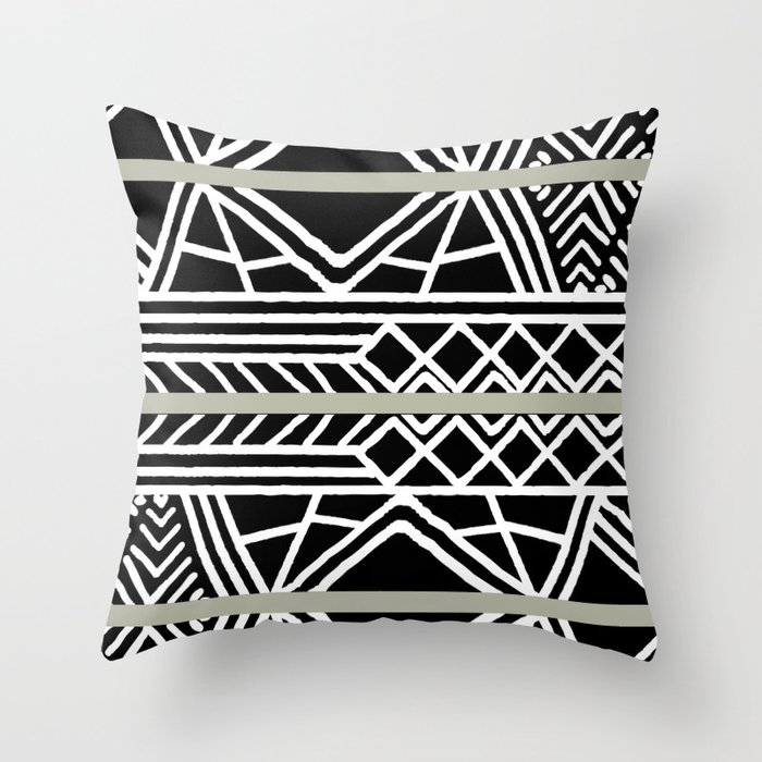 Green Black and White Mud Cloth Stripe Pattern Pairs 2022 Color of the Year October Mist 1495 Throw Pillow