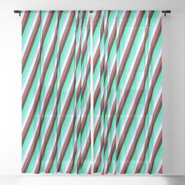 [ Thumbnail: Eyecatching Green, Sky Blue, Light Cyan, Brown, and Black Colored Lines Pattern Sheer Curtain ]