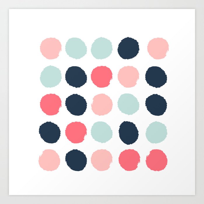 Dots painted coral mint navy pink pattern dotted polka dot minimalist Art Print