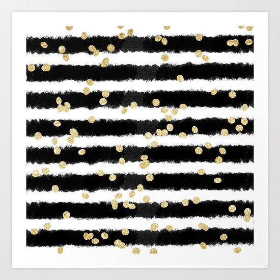 Modern black watercolor stripes chic gold confetti Art Print