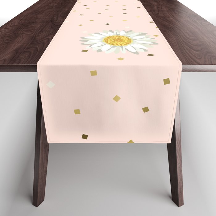 Daisy Flower seamless White and Yellow pattern and Gold Confetti on Pastel Peach Background Table Runner