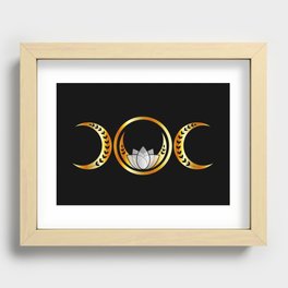 Golden triple moon fertility symbol with moons lotus and vines Recessed Framed Print