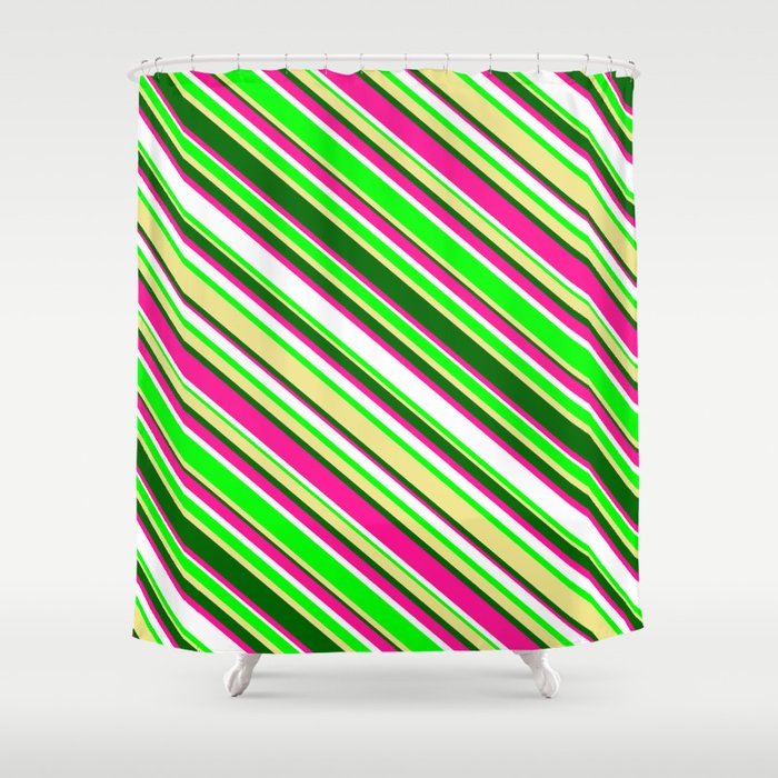 Eye-catching Deep Pink, White, Lime, Tan & Dark Green Colored Lined/Striped Pattern Shower Curtain