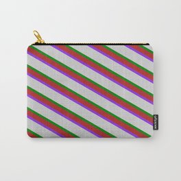 [ Thumbnail: Red, Purple, Light Grey & Green Colored Lines Pattern Carry-All Pouch ]