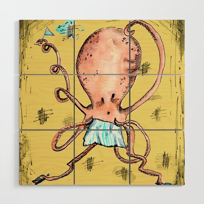 Quirky Octopus Orange Yellow Wood Wall Art