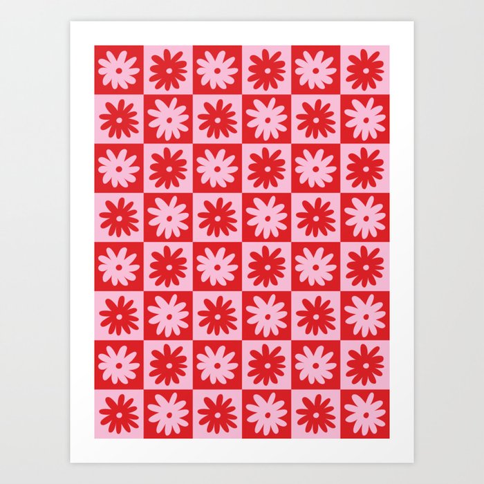 Pink & Red Checkerboard Flower Pattern Art Print