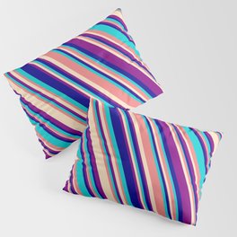 [ Thumbnail: Light Coral, Bisque, Purple, Dark Blue, and Dark Turquoise Colored Lined/Striped Pattern Pillow Sham ]