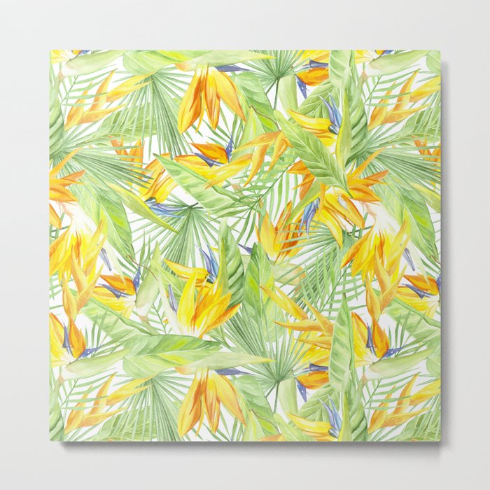 watercolor pattern tropical leaves and flowers bird of paradise Metal Print