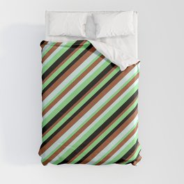 [ Thumbnail: Light Green, Black, Sienna, and Light Cyan Colored Lined Pattern Duvet Cover ]