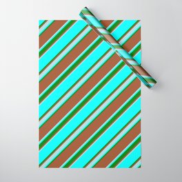 [ Thumbnail: Sienna, Powder Blue, Aqua & Green Colored Stripes Pattern Wrapping Paper ]