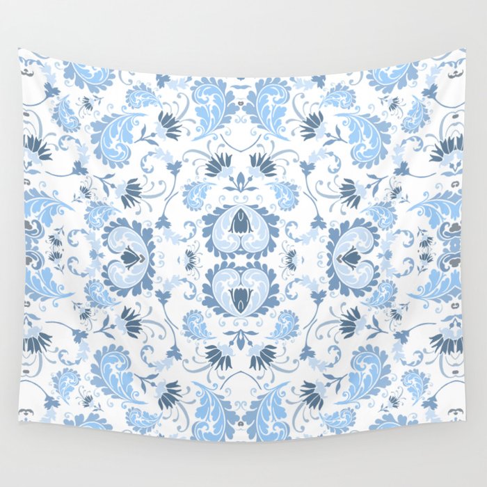 powder blue and white bold paisley flower bohemian Wall Tapestry