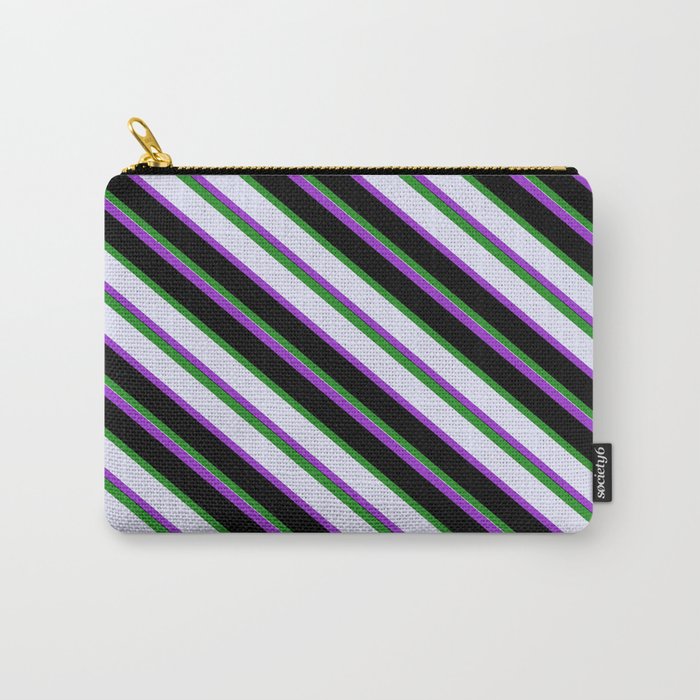 Forest Green, Lavender, Dark Orchid, and Black Colored Striped Pattern Carry-All Pouch