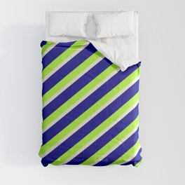 [ Thumbnail: Dark Blue, Light Green, and Beige Colored Striped Pattern Comforter ]