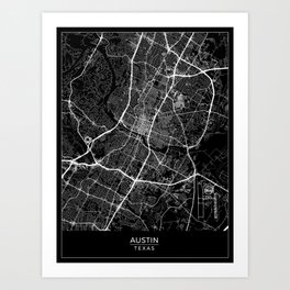 Austin, Texas Map Art (Black) Art Print