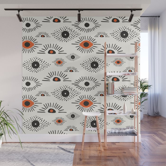 Modern Evil Eye Pattern - Black and Orange Wall Mural