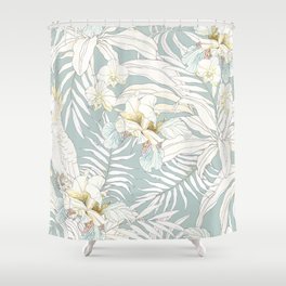 Seamless tropical pattern with flowers Orchid, Fleur de lis, leaves and Parrot Cockatoo. Vintage illustration in vintage style.  Shower Curtain