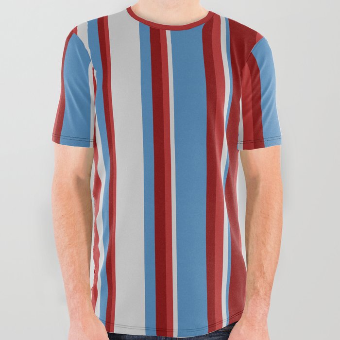 Blue, Light Gray, Red, and Maroon Colored Pattern of Stripes All Over Graphic Tee