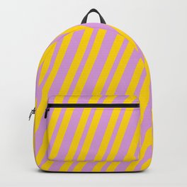 [ Thumbnail: Plum & Yellow Colored Lined/Striped Pattern Backpack ]