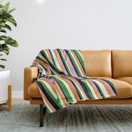 [ Thumbnail: Eye-catching Forest Green, Black, Plum, Dark Orange, and White Colored Striped Pattern Throw Blanket ]