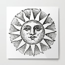 Sun Face | Sun with Face | Vintage Style Sun Illustration | Black and White | Metal Print