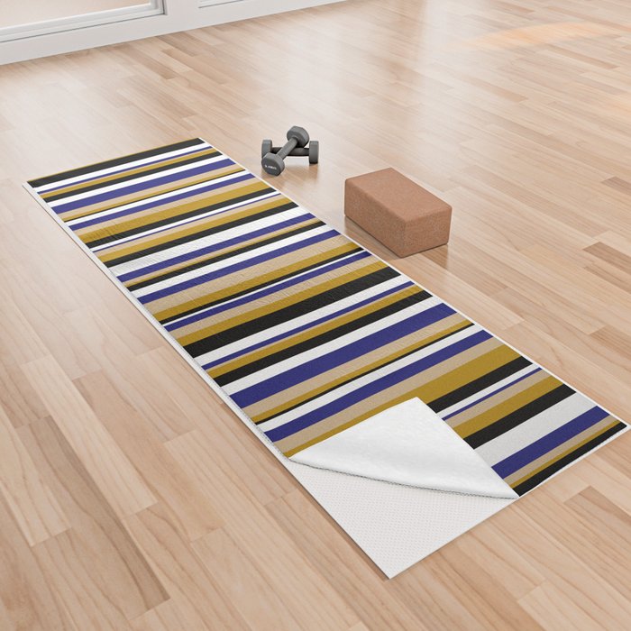 Tan, Dark Goldenrod, Black, White & Midnight Blue Colored Lines/Stripes Pattern Yoga Towel
