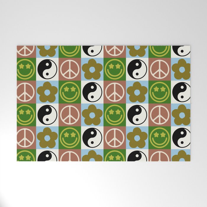 Checked Symbols Pattern (SMILEY FACE \ YIN YANG \ PEACE SYMBOL \ FLOWER) Welcome Mat