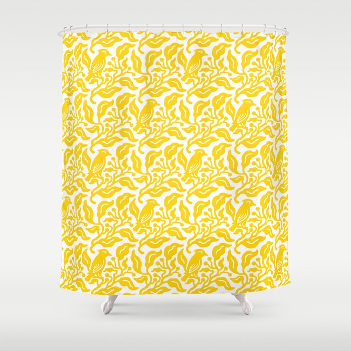 Bird and Berries Pattern Yellow Shower Curtain