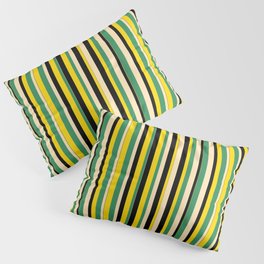 [ Thumbnail: Sea Green, Beige, Black & Yellow Colored Pattern of Stripes Pillow Sham ]