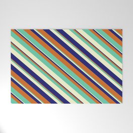 [ Thumbnail: Midnight Blue, Chocolate, Aquamarine & Light Yellow Colored Pattern of Stripes Welcome Mat ]