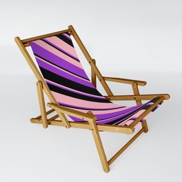 [ Thumbnail: Light Pink, Dark Orchid, and Black Colored Lines/Stripes Pattern Sling Chair ]