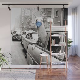 Yummy Blue Bubble Gum Llama taking a New York Taxi black and white photography Wall Mural