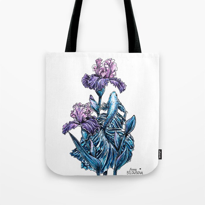 Calming picture, blue decorative cockerel fish, purple iris flowers illustration Tote Bag