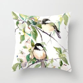 Chickadees and Dogwood Flowers Throw Pillow