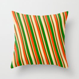 [ Thumbnail: Red, Tan, and Green Colored Striped Pattern Throw Pillow ]