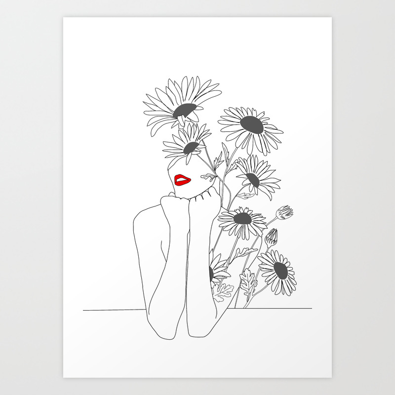 Minimal Line Art Girl With Sunflowers Art Print By Nadja1 Society6,Easy Disney Characters Easy Cartoon Drawing Ideas