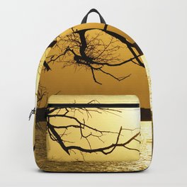 Beautiful Sea Sunset in Golden Color with Black Silhouette of Tree Branches Backpack