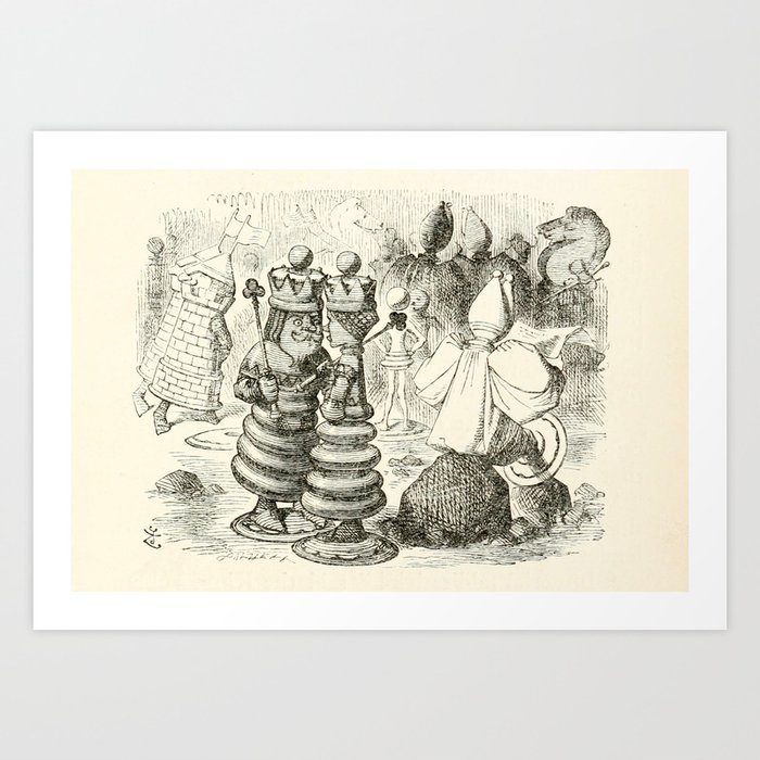 Red King and Red Queen as chess pieces. Art by John Tenniel for "Through the Looking-Glass and What Alice Found There" by Lewis Carroll (1872) Art Print