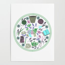 Needlework Folk Art / Sheep / Flower / Teapot / Green Poster