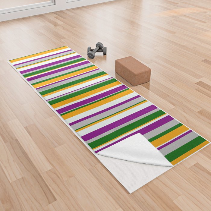 Colorful Grey, Purple, Mint Cream, Orange, and Dark Green Colored Stripes/Lines Pattern Yoga Towel