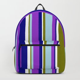 [ Thumbnail: Eyecatching Green, Light Blue, Dark Orchid, Dark Blue, and White Colored Lined/Striped Pattern Backpack ]