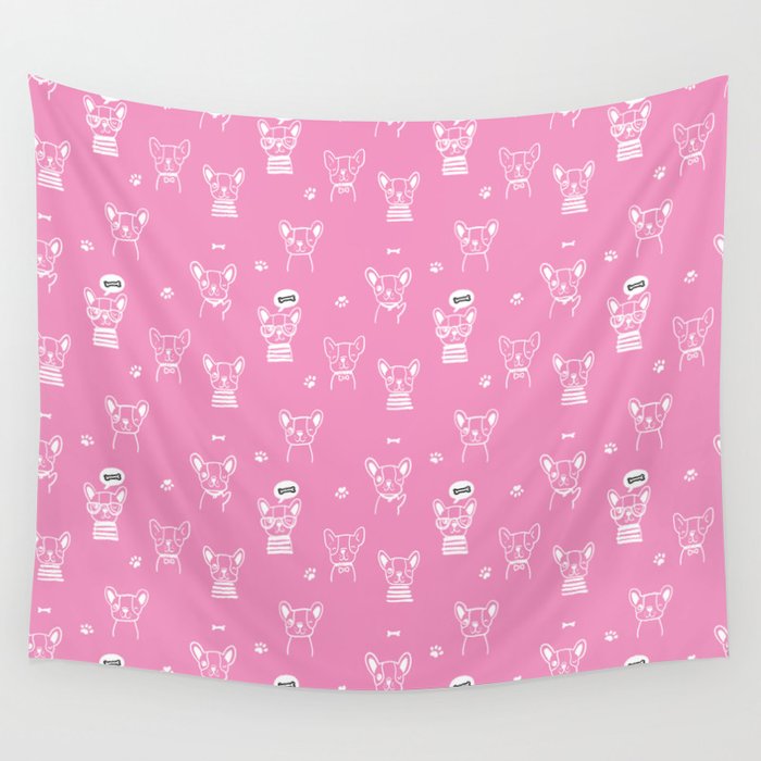 Pink and White Hand Drawn Dog Puppy Pattern Wall Tapestry