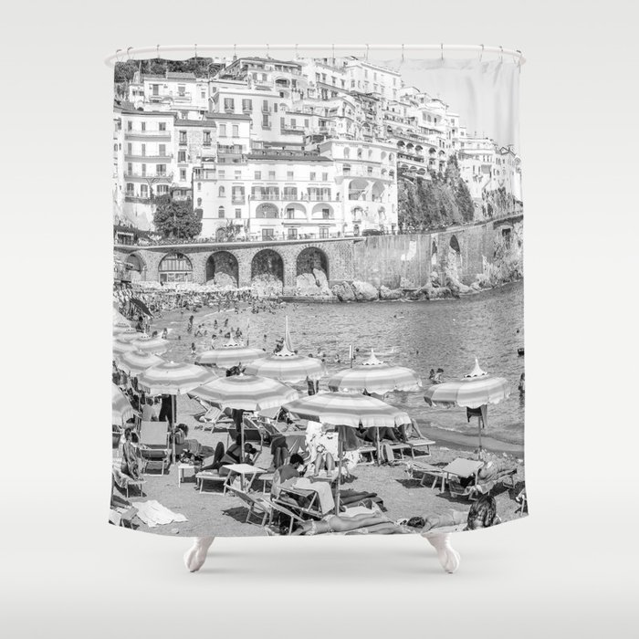Amalfi Coast Beach Photo | Black And White Travel Photography Art Print | Summer In Italy Shower Curtain